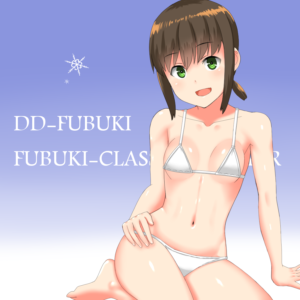 1girl, 30-06, bikini, black_hair, blue_background, character_name, eyebrows_visible_through_hair, fubuki_(kantai_collection)