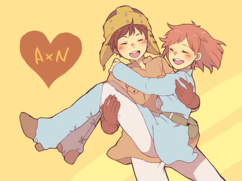 1boy, 1girl, asbel_(nausicaa), blush, breasts, brown_hair, carrying, commentary_request