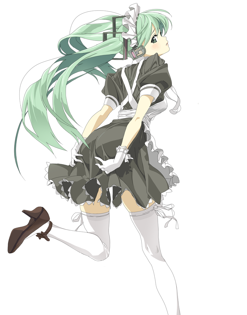 apron, bad_id, blush, bonnet, enmaided, gloves, green_eyes, green_hair, hatsune_miku, high_heels, hiro_(dismaless), long_hair, maid, mary_janes, shoes, skirt, thigh_highs, thighhighs, twintails, uniform, vocaloid, white_legwear, zettai_ryouiki