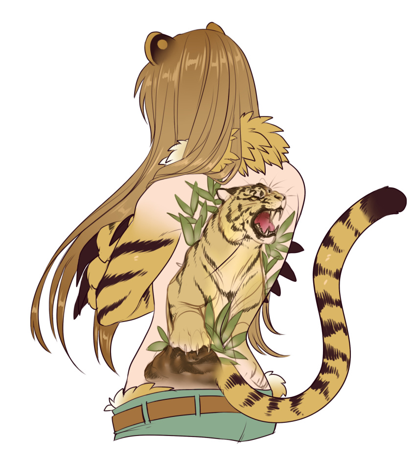 1girl, animal_ears, back_tattoo, belt, blue_pants, brown_hair, claws, cropped_legs, crossed_arms, denim, facing_away, from_behind, fur, fur_collar, highres, jeans, jinko_(monster_girl_encyclopedia), long_hair, manosdetrapo, monster_girl, monster_girl_encyclopedia, pants, solo, striped, tail, tattoo, tiger, tiger_ears, tiger_stripes, tiger_tail, tomboy, topless, transparent_background, upper_body