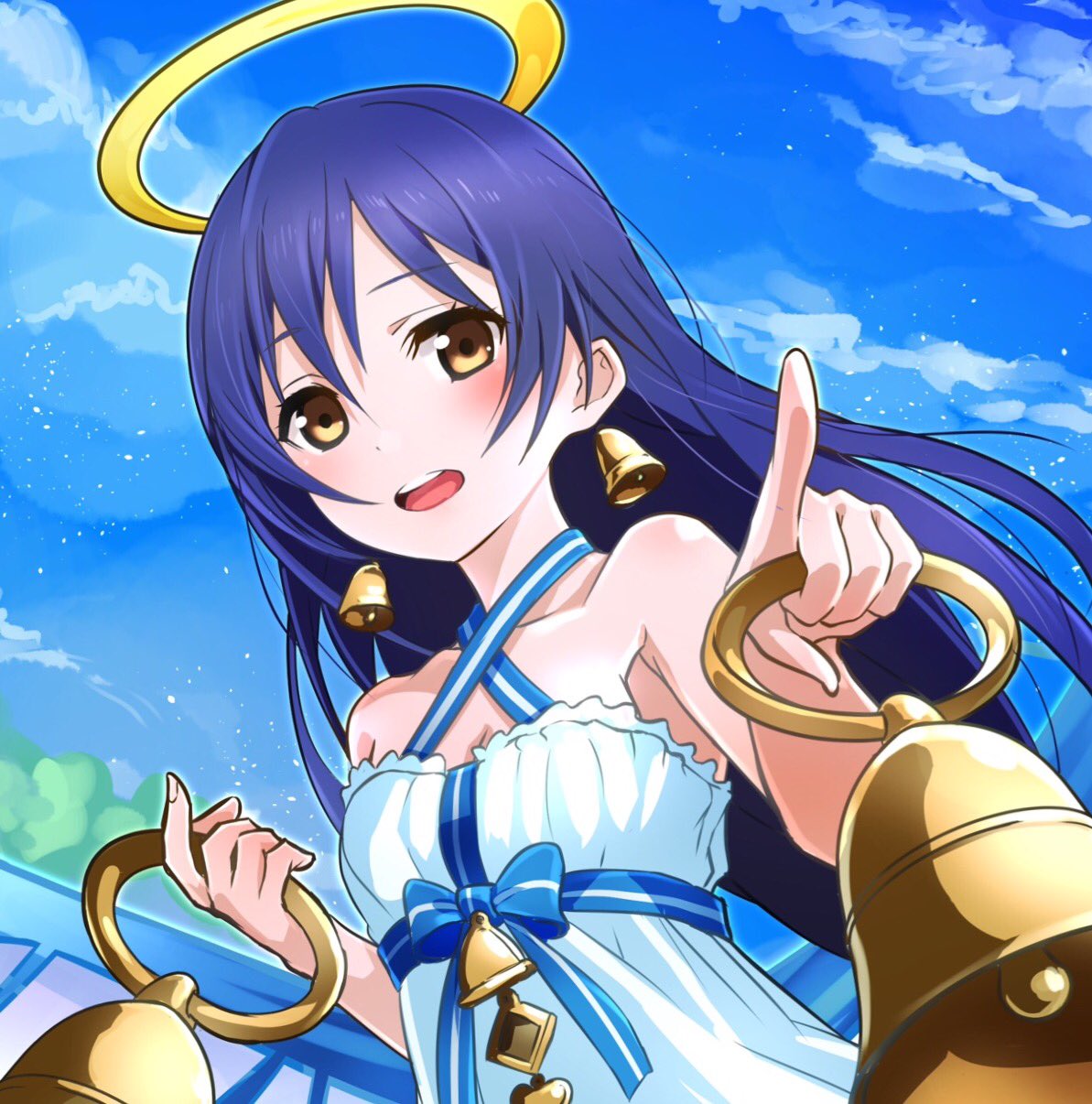 1girl, artist_request, bangs, bell, bell_earrings, bellringer_angel, bellringer_angel_(cosplay), blue_hair