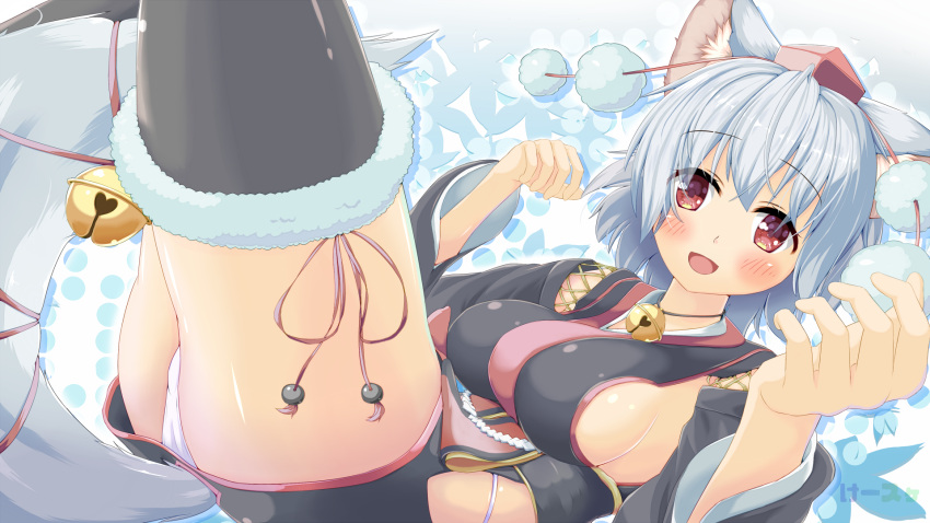 1girl, animal_ears, bare_shoulders, bell, bell_collar, black_legwear, blush, breasts