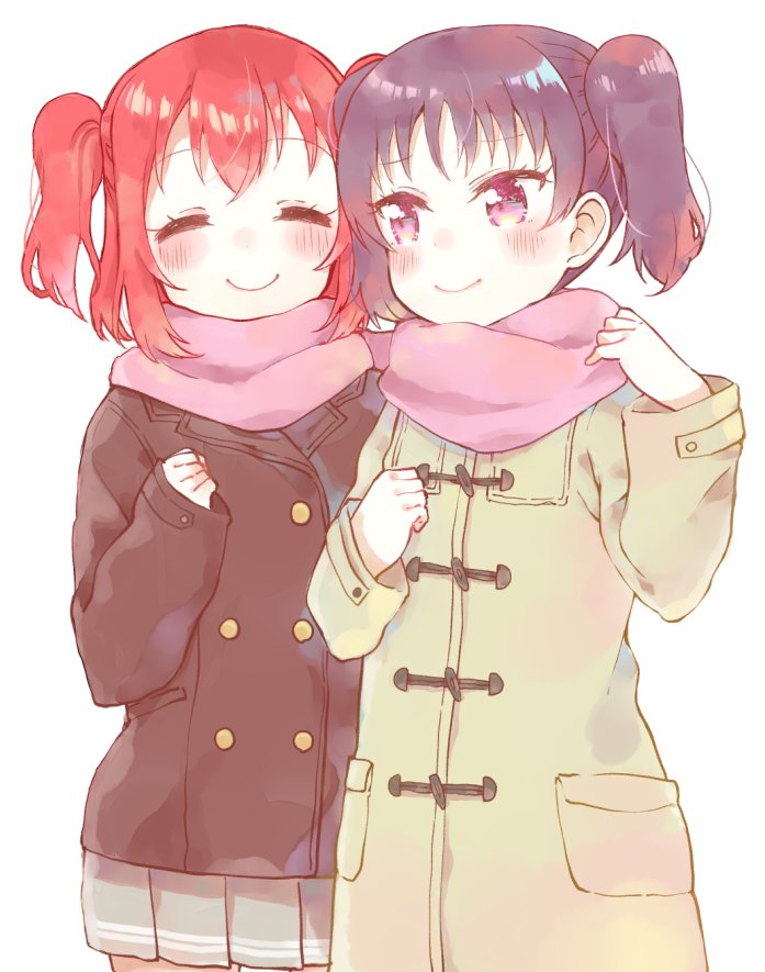 2girls, bangs, beige_coat, blush, brown_hair, clenched_hand, closed_eyes, cover