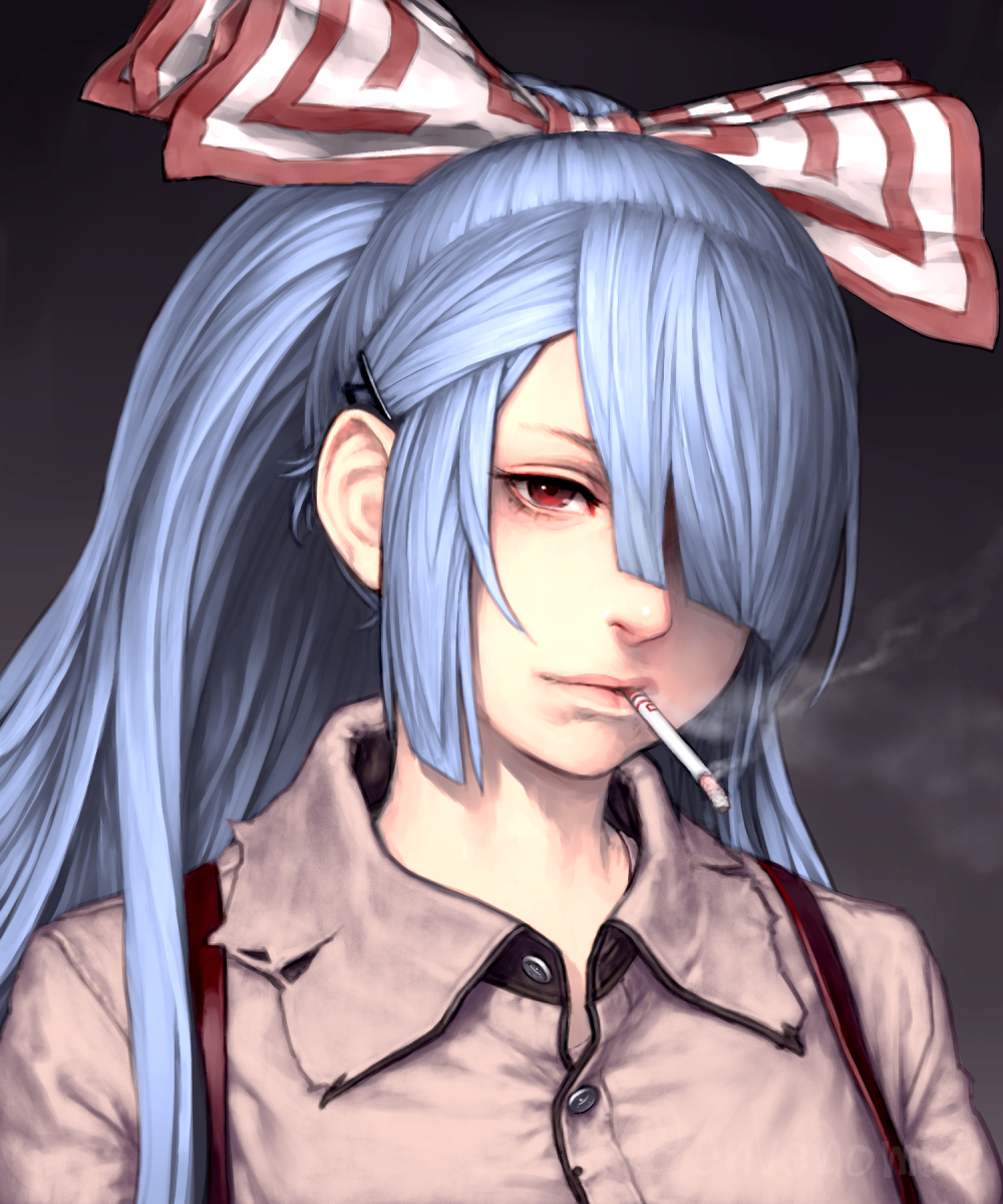 1girl, bangs, black_background, blue_hair, blunt_bangs, bow, buttons, cigarette