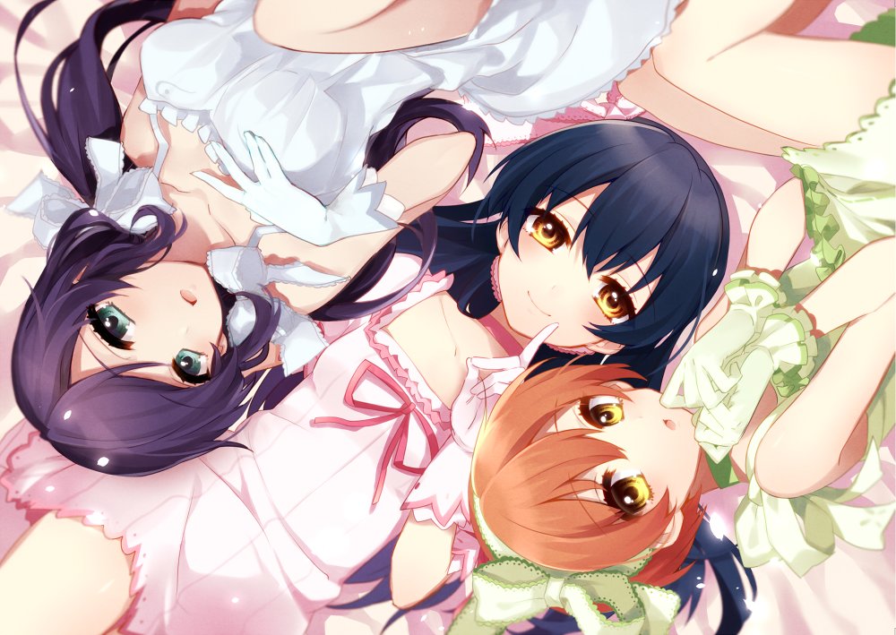 3girls, bangs, bare_shoulders, blue_dress, blue_gloves, blue_hair, choker, collarbone