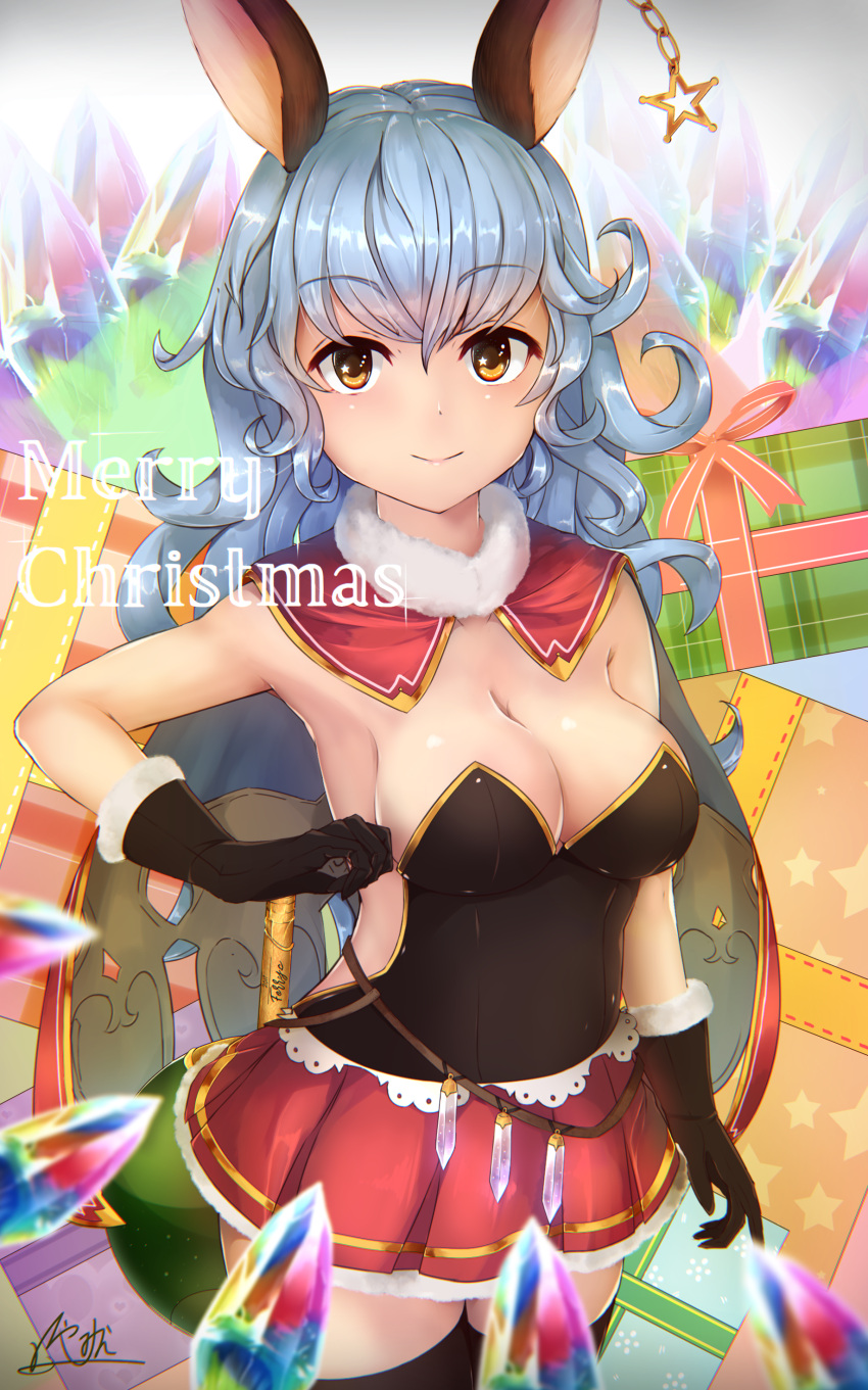1girl, absurdres, animal_ears, black_gloves, blue_hair, blush, breasts, brown_eyes