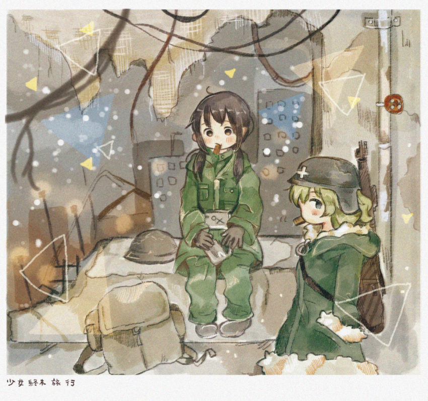 2girls, backpack, bag, black_hair, blonde_hair, blue_eyes, brown_eyes, camera