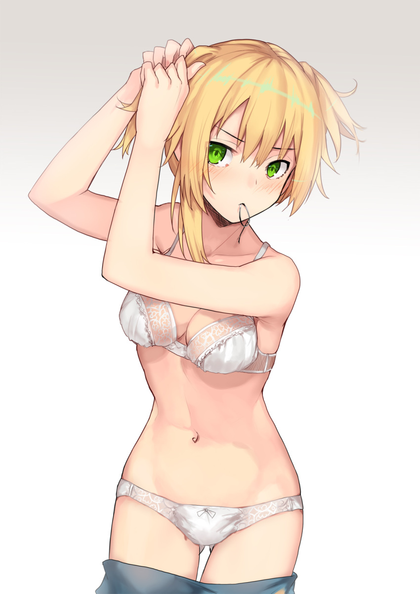 1girl, armpit_peek, arms_up, bangs, bare_arms, blonde_hair, blue_skirt, blush