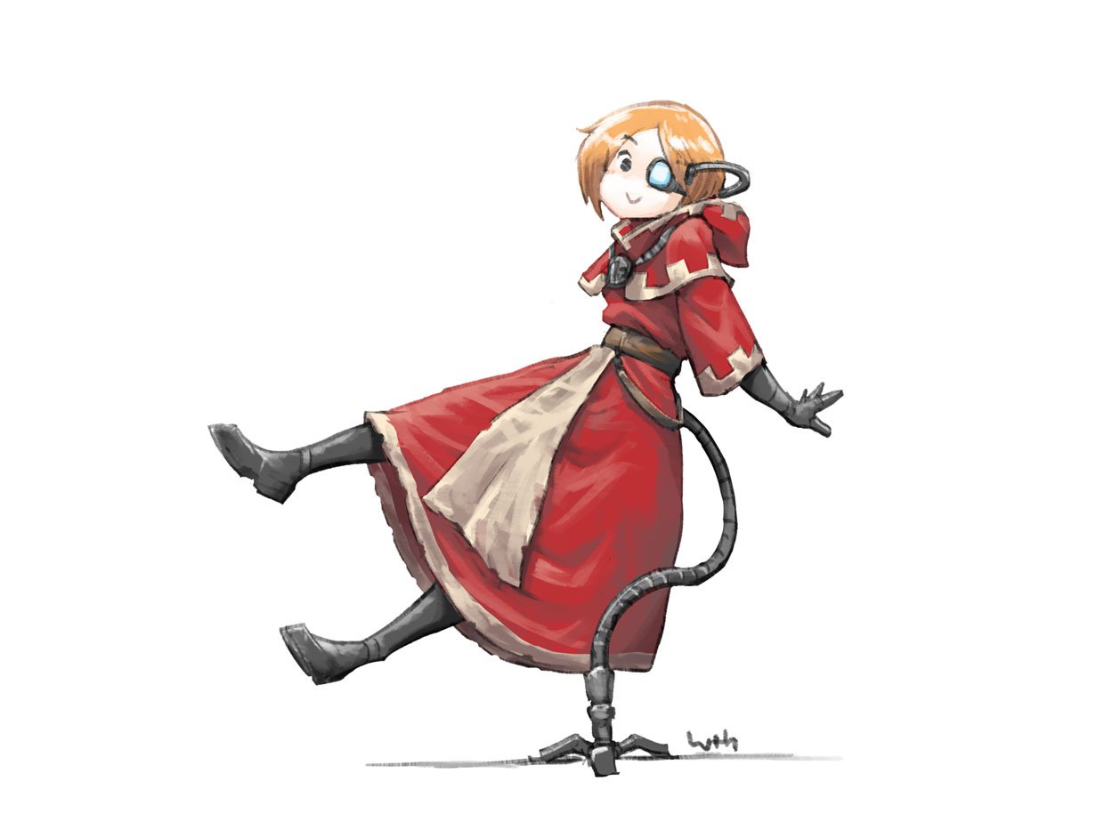 1girl, adeptus_mechanicus, black_eyes, blush, boots, felicia_tayber, lutherniel, mechanical_arm, orange_hair, robe, scouter, smile, techpriest, warhammer_40k