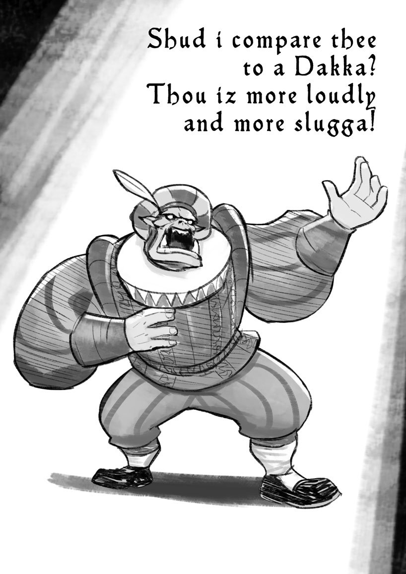1boy, arm_up, collar, english, feather_beret, lutherniel, monochrome, orkz