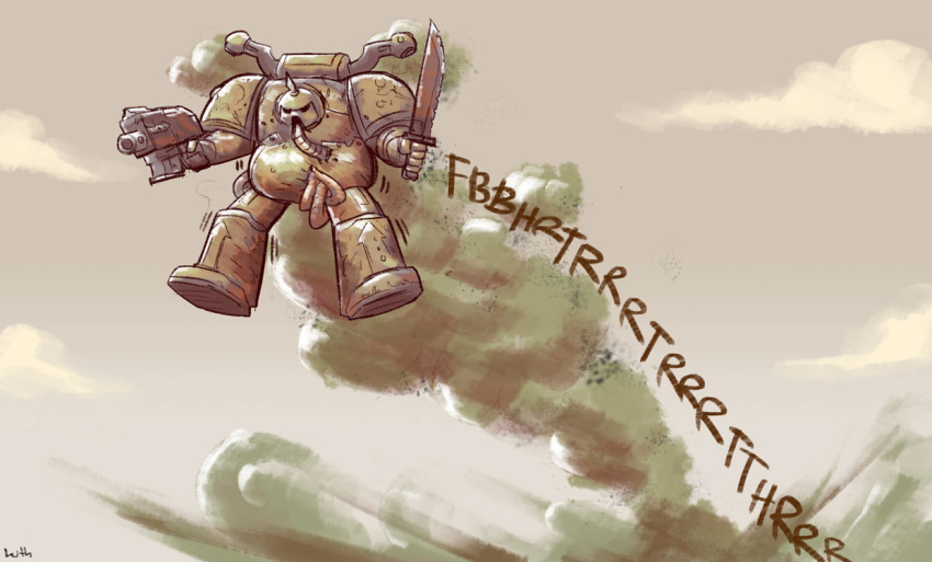 1boy, bolt_pistol, chaos_(warhammer), fart, gun, lutherniel, nurgle, plague_marine