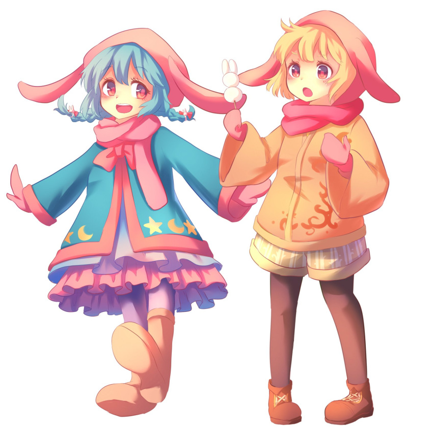 2girls, adapted_costume, black_legwear, blonde_hair, blue_hair, brown_footwear, coat, crescent