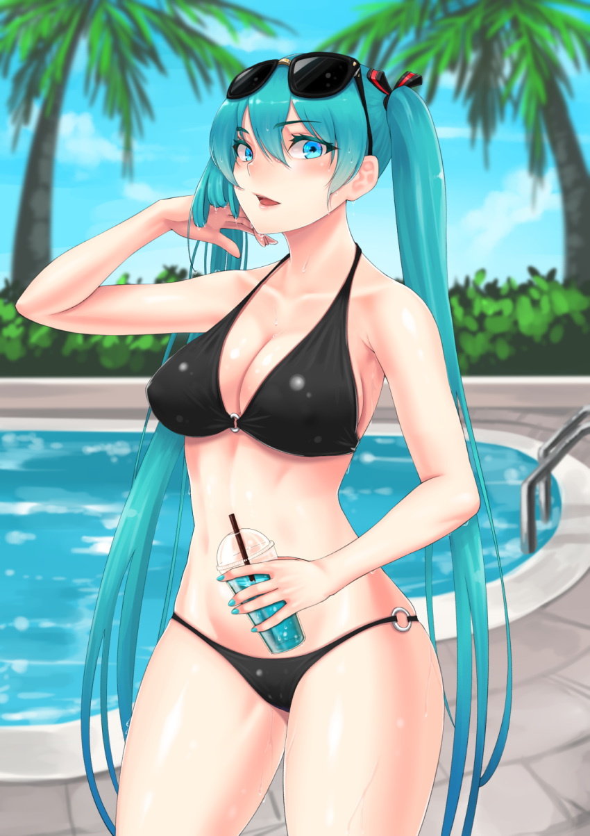 1girl, aqua_eyes, aqua_hair, bikini, black_bikini, breasts, cloel, cowboy_shot