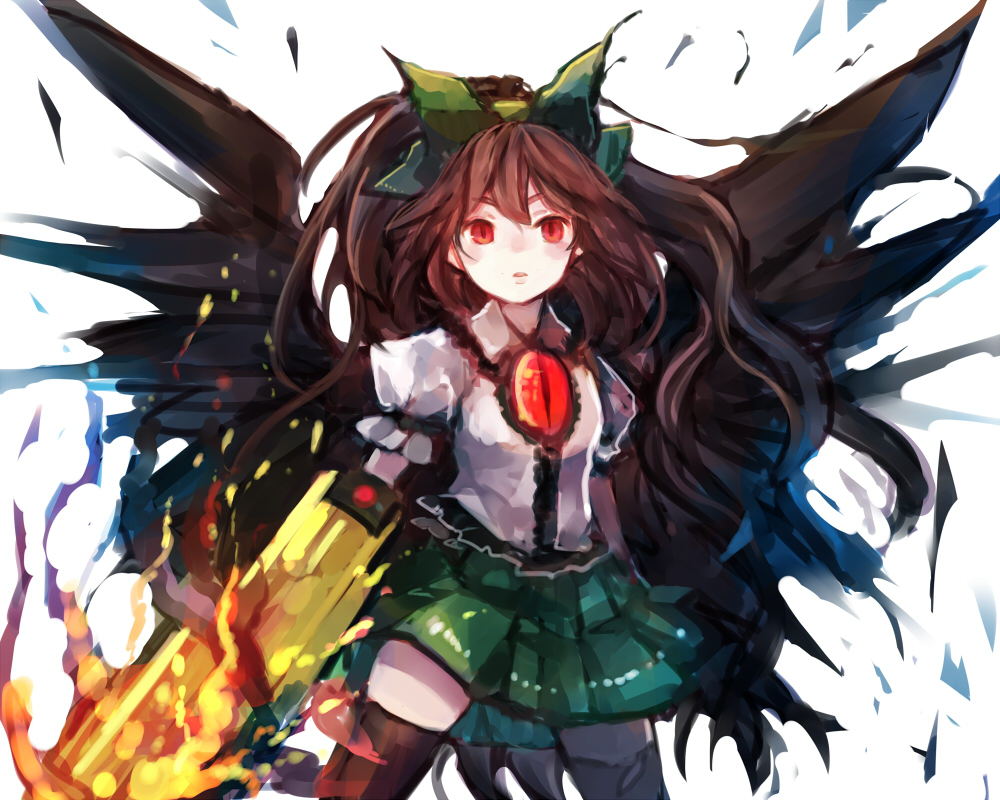1girl, alternate_weapon, arm_cannon, black_legwear, black_wings, brown_hair, chobi_(sakuyasakuhana), fire