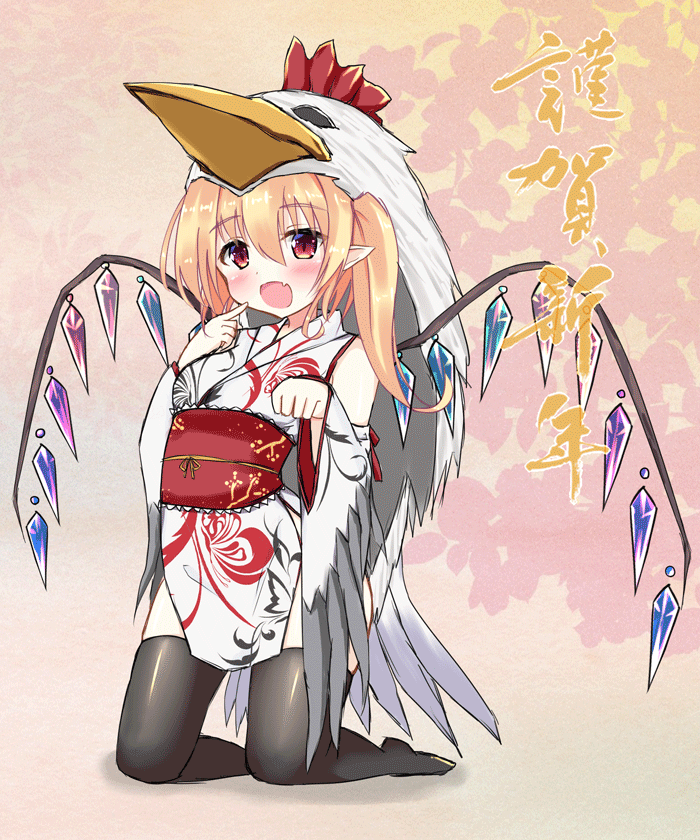 1girl, alternate_costume, black_legwear, blonde_hair, detached_sleeves, fang, flandre_scarlet, full_body
