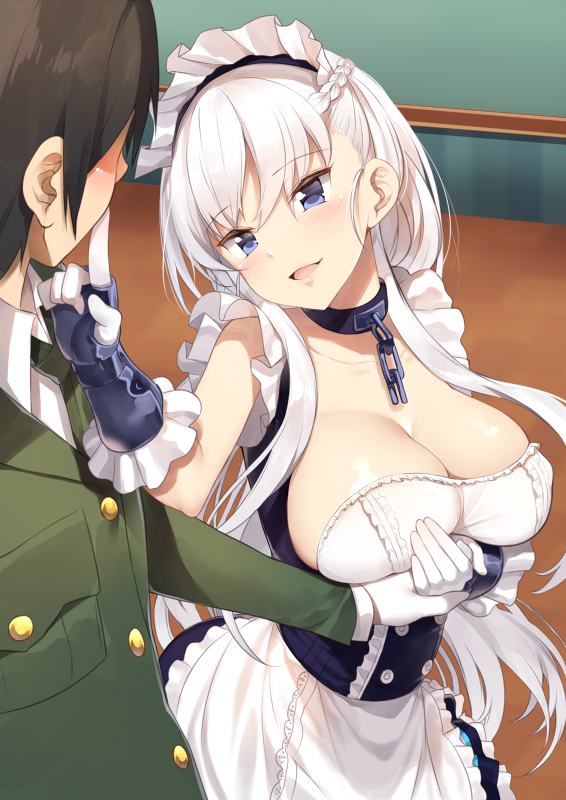 1boy, 1girl, apron, azur_lane, bangs, belfast_(azur_lane), blue_dress, blue_eyes