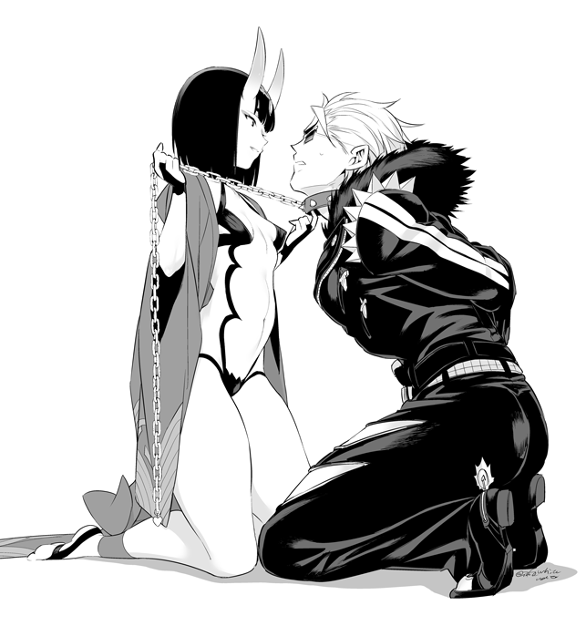 1boy, 1girl, ankle_ribbon, arms_behind_back, bangs, bare_legs, belt, blunt_bangs