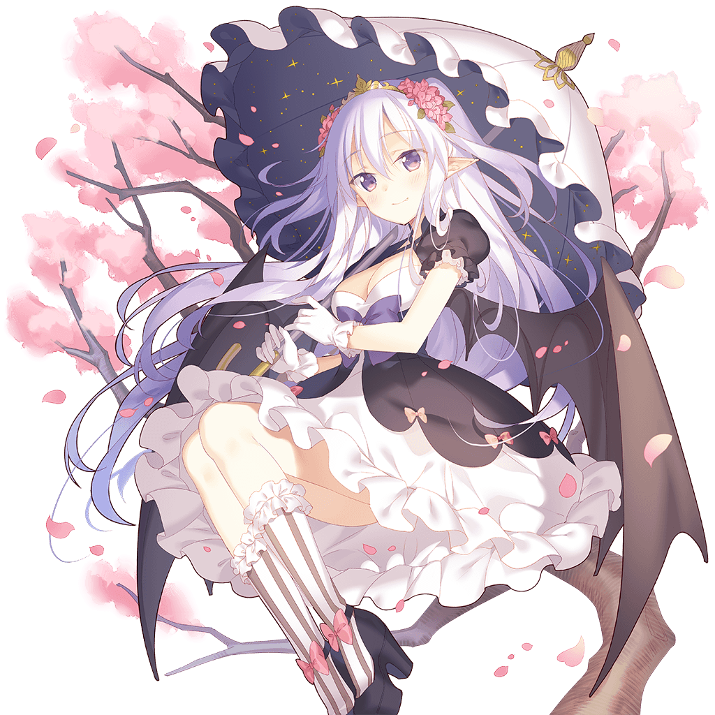 1girl, bat_wings, black_wings, blush, breasts, cherry_blossoms, cleavage, dress