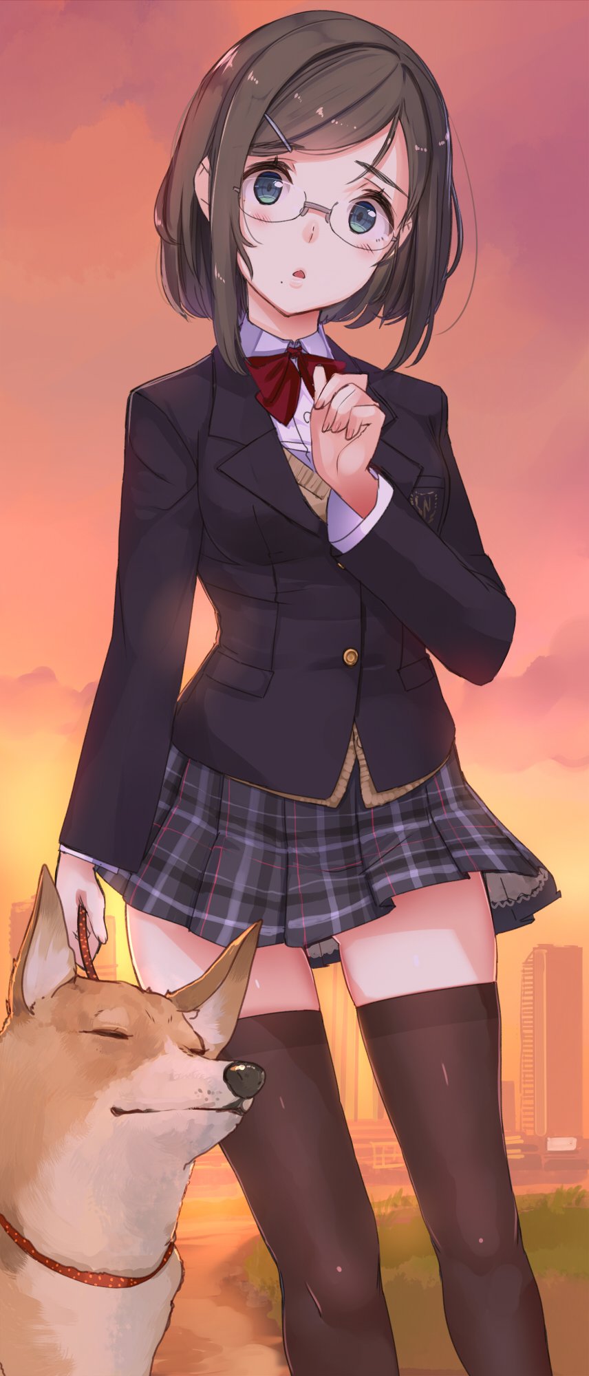 1girl, akasaai, brown_hair, dog, glasses, highres, original, panties