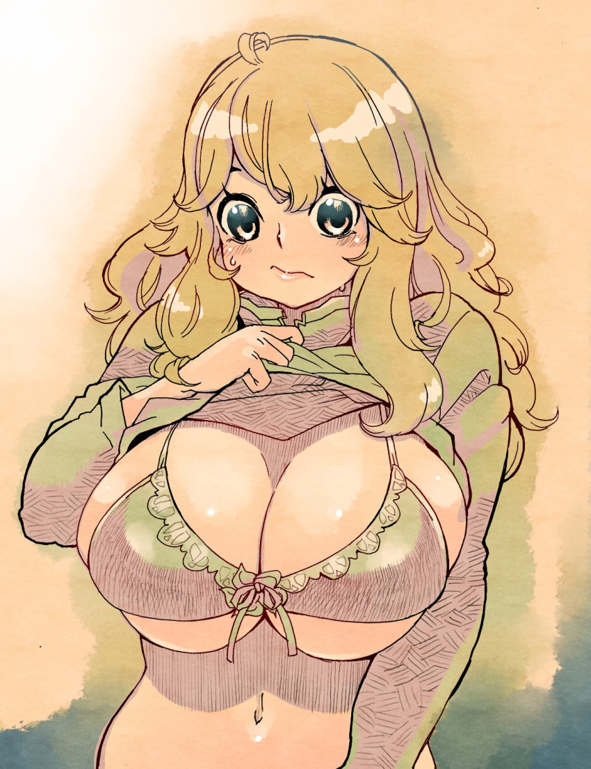1girl, :/, ahoge, bangs, bikini, bikini_under_clothes, blonde_hair, blush