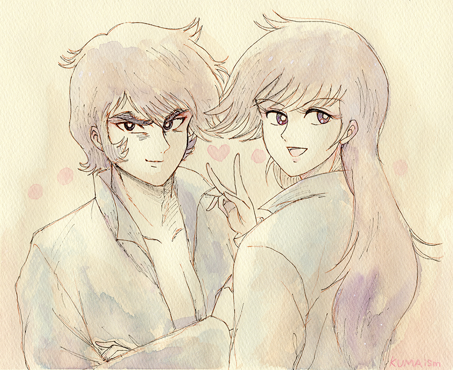 1boy, 1girl, black_eyes, black_hair, coat, devilman, devilman_lady, eyebrows, fudou_akira, fudou_jun, heart, kuma_(nananari3), long_hair, open_clothes, open_coat, short_hair, sideburns, smile, v
