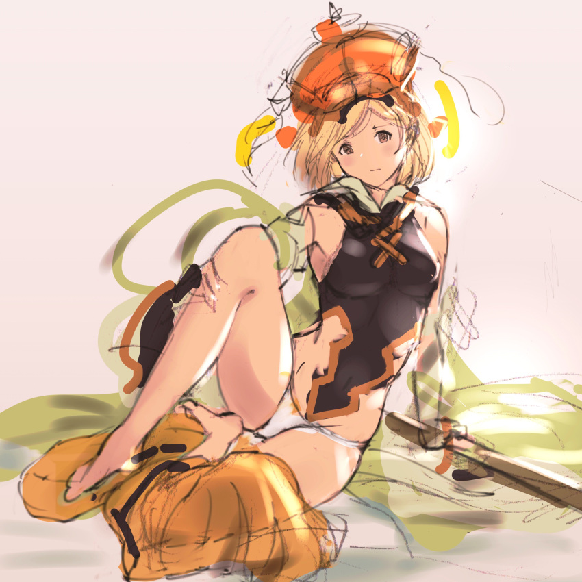 1girl, absurdres, apsaras_(granblue_fantasy), barefoot, blonde_hair, breasts, brown_eyes, djeeta_(granblue_fantasy)