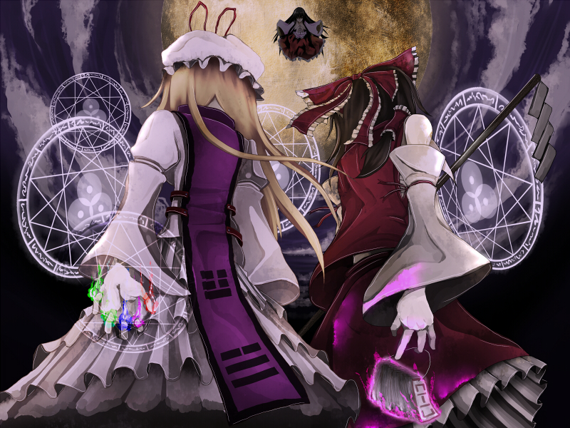 black_hair, blonde_hair, bonnet, bow, brown_hair, cloud, detached_sleeves, dodecagram, from_behind, gohei, hair_bow, hair_ribbon, hakurei_reimu, hat, houraisan_kaguya, japanese_clothes, long_hair, magic, magic_circle, miko, moon, multiple_girls, night, ofuda, ribbon, showdown, skirt, sky, tokoroten_(hmmuk), touhou, trigram, yagokoro_eirin, yakumo_yukari