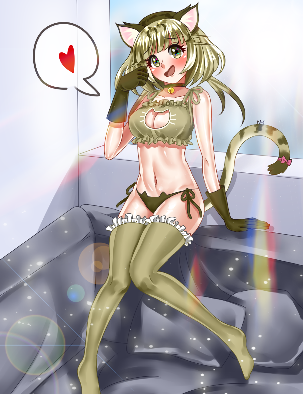 1girl, animal_ears, bare_shoulders, bed, bell, bell_collar, blonde_hair, blush