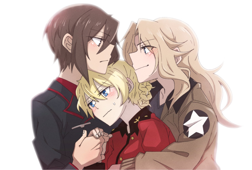 3girls, blonde_hair, blue_eyes, blush, braid, brown_hair, darjeeling, eye_contact