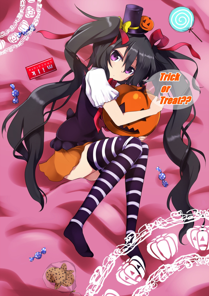 1girl, amano_kouki, bangs, bed_sheet, black_hair, black_hat, blush, bow