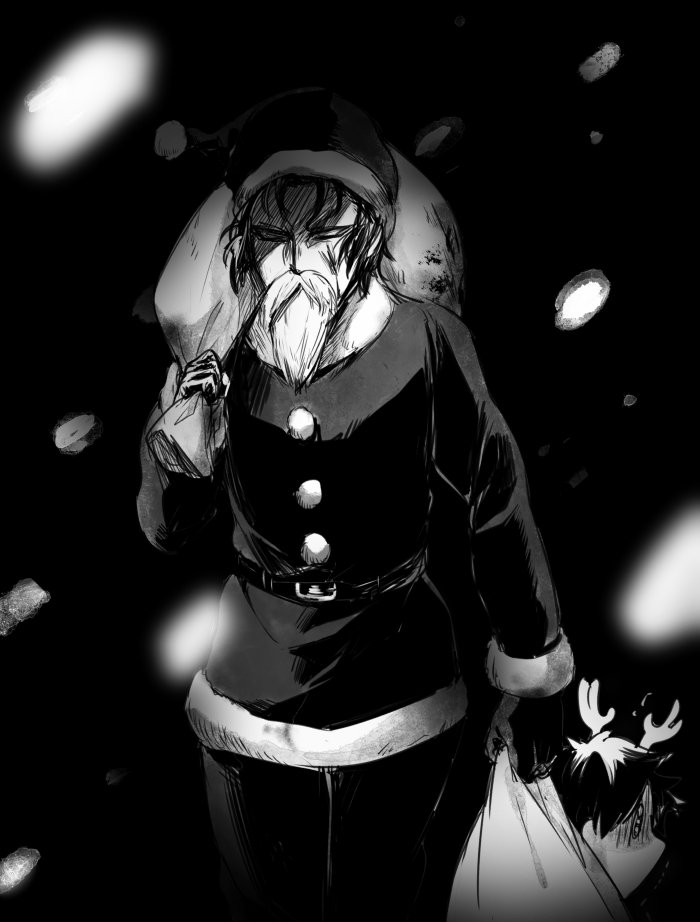 2boys, antlers, black_background, carrying_over_shoulder, dragging, fake_beard, fate/grand_order, fate_(series)