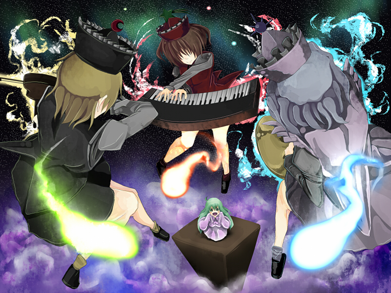 blonde_hair, blue_hair, clouds, green_hair, hat, instrument, keyboard_(instrument), layla_prismriver