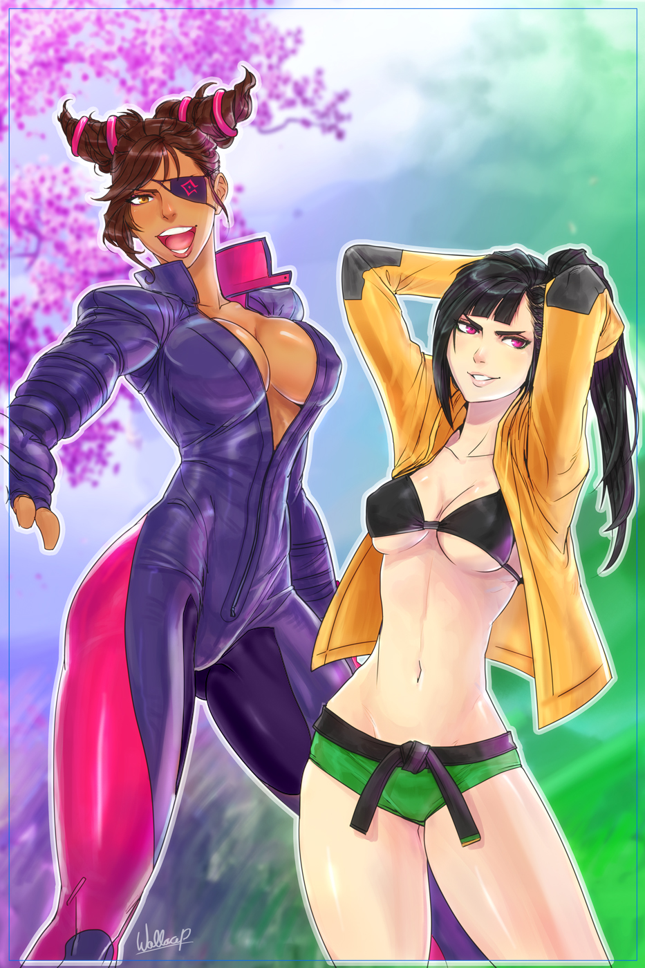 2girls, alternate_costume, alternate_hairstyle, asymmetrical_hair, biker_clothes, bikesuit, bikini_top, black_hair