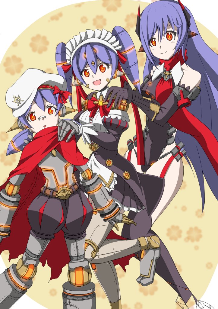 3girls, age_progression, android, breasts, dual_persona, eyebrows, eyelashes, gloves