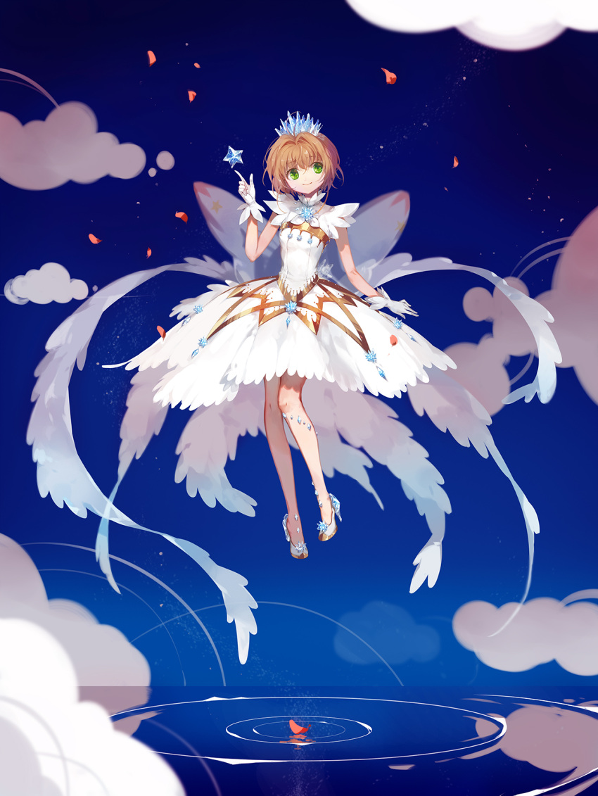 1girl, antenna_hair, body_jewelry, brown_hair, card_captor_sakura, cherry_blossoms, clouds, crown, crystal, diu, floating, gloves, green_eyes, high_heels, highres, kinomoto_sakura, magical_girl, ripples, short_hair, smile, solo, star, water, white_gloves