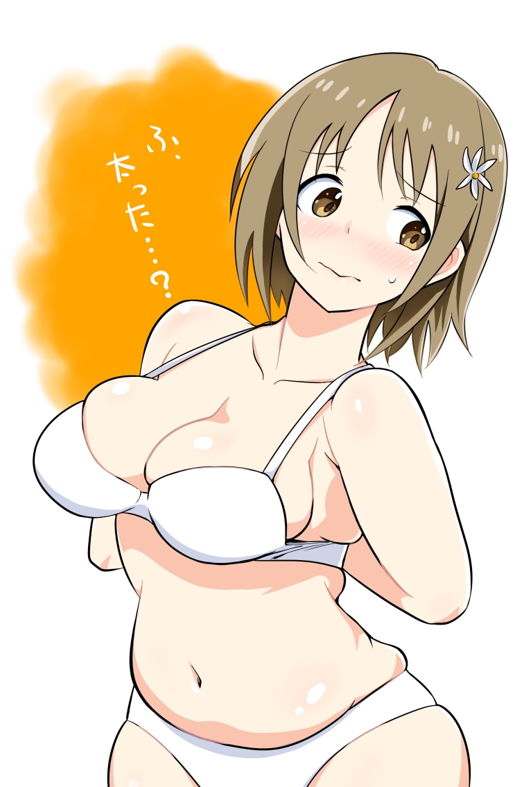 1girl, belly, bikini, bikini_bottom, bikini_top, blush, breasts, brown_eyes, brown_hair, cleavage, collarbone, curvy, fat_folds, hair_ornament, idolmaster, idolmaster_cinderella_girls, medium_breasts, mimura_kanako, navel, plump, rikosyegou, short_hair, solo, swimsuit, undersized_clothes, weight_conscious