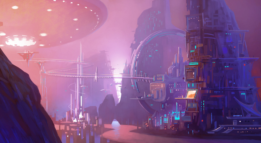 absurdres, cyber, danny_(china), floating_island, flying_saucer, highres, levitation, no_humans