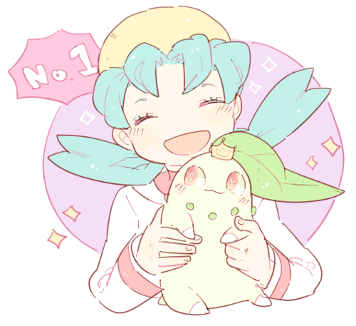1girl, aqua_hair, chikorita, creatures_(company), crown, crystal_(pokemon), cute, game_freak