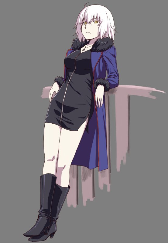 1girl, against_railing, ahoge, black_dress, black_footwear, blue_coat, boots, closed_mouth