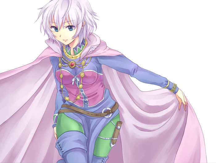 1girl, blue_eyes, boots, breasts, cape, capelet, cleavage, commentary_request