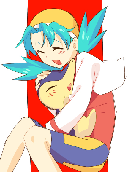 1girl, aqua_hair, bike_shorts, crystal_(pokemon), cyndaquil, mmm73, pokemon, pokemon_(game)