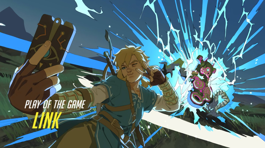 1boy, absurdres, blonde_hair, blue_eyes, bow_(weapon), brown_gloves, d.va_(overwatch), duckface