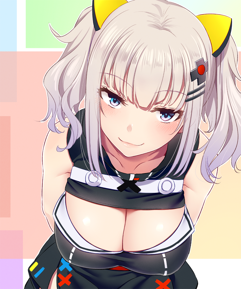 1girl, bangs, bare_shoulders, blue_eyes, blunt_bangs, blush, breasts, cleavage