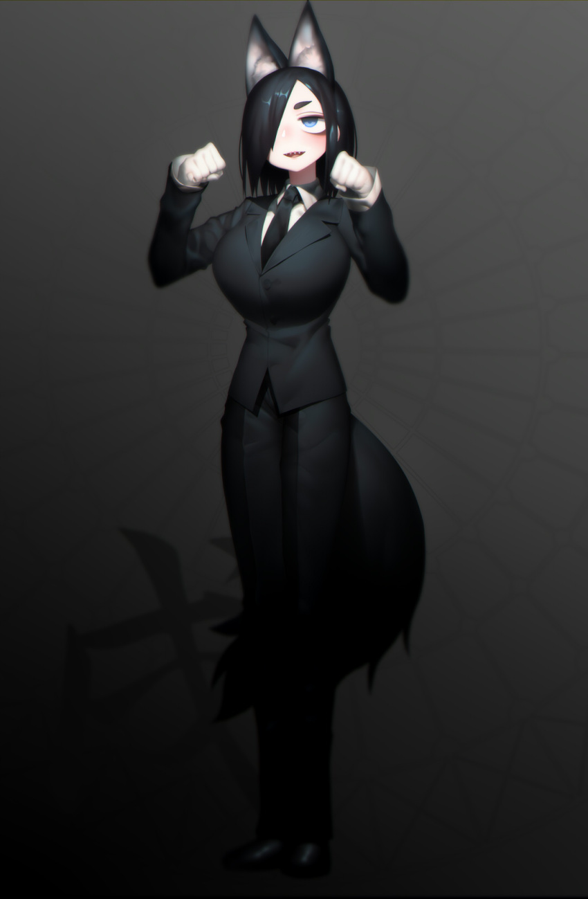 1girl, :d, animal_ears, black_footwear, black_hair, black_jacket, black_neckwear, black_pants