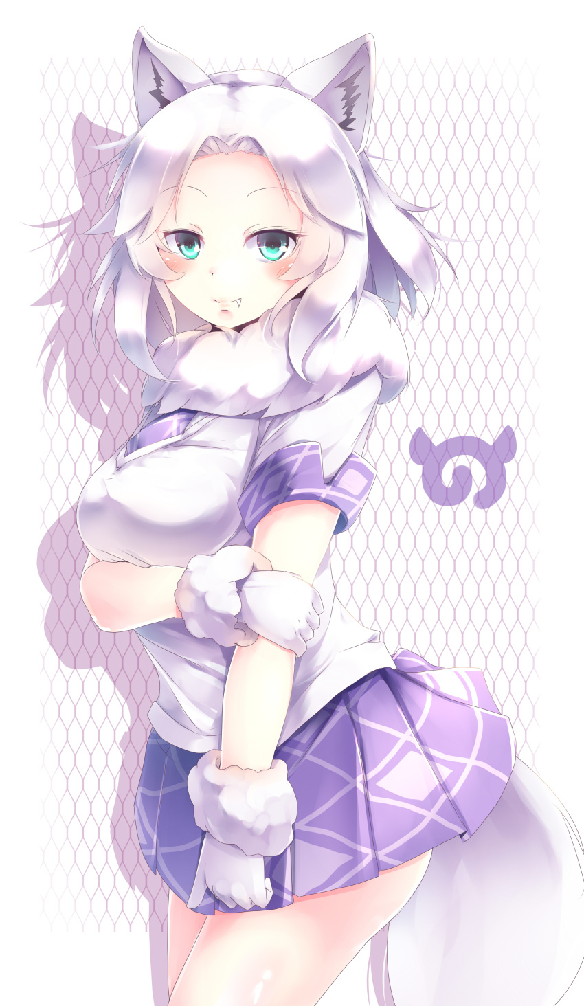 1girl, absurdres, animal_ears, aqua_eyes, commentary_request, cowboy_shot, fang, fang_out