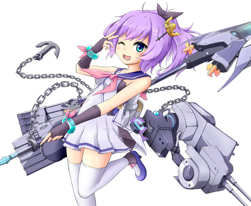 1girl, ;3, ;d, anchor, azur_lane, bangs, black_ribbon, blue_eyes