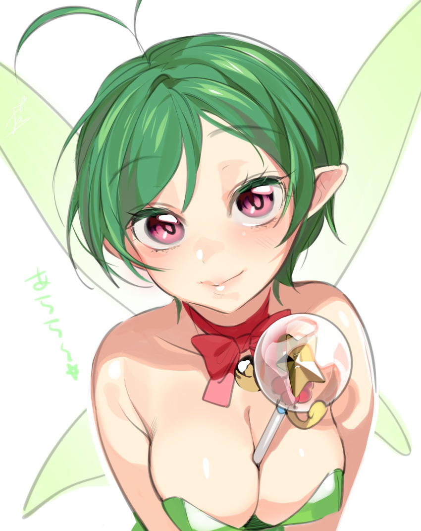 1girl, absurdres, alala, antenna_hair, bare_shoulders, between_breasts, colored_eyelashes, eyebrows_visible_through_hair, fairy_wings, green_hair, highres, looking_at_viewer, mermaid_melody_pichi_pichi_pitch, neck_ribbon, ohisashiburi, pink_eyes, pointy_ears, red_ribbon, ribbon, short_hair, simple_background, smile, solo, star, upper_body, wand, white_background, wings