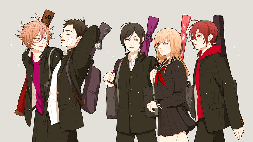 5boys, atsushi_toushirou, backpack, bag, bandage_on_face, black_hair, blonde_hair, blue_eyes, brown_eyes, brown_hair, closed_eyes, gakuran, gotou_toushirou, male_focus, midare_toushirou, multiple_boys, open_mouth, pleated_skirt, redhead, school_bag, school_uniform, serafuku, shinano_toushirou, skirt, smile, touken_ranbu, trap, twoframe, violet_eyes, walking, yagen_toushirou