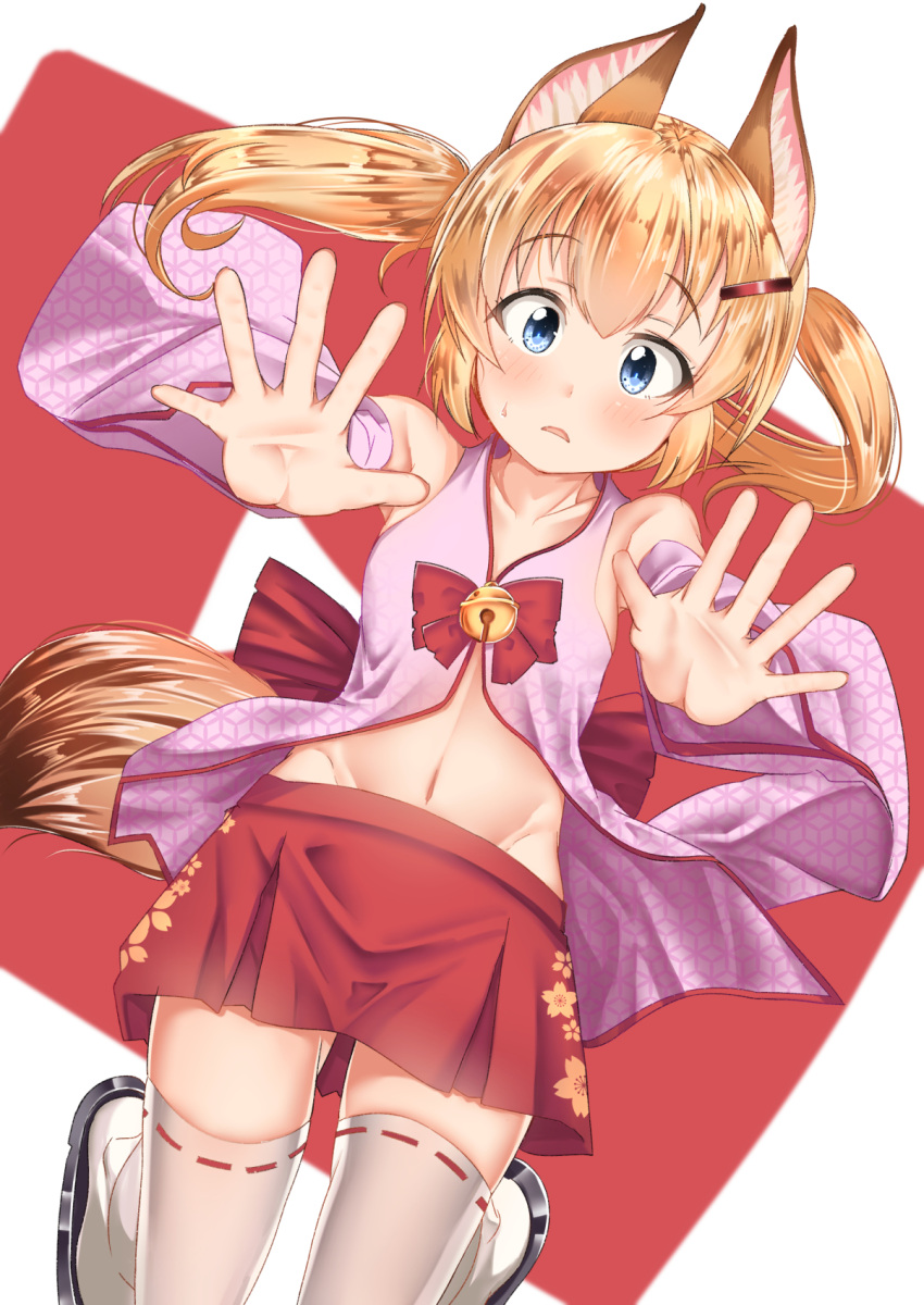 1girl, animal_ears, bangs, bare_shoulders, bell, black_footwear, blue_eyes, blush
