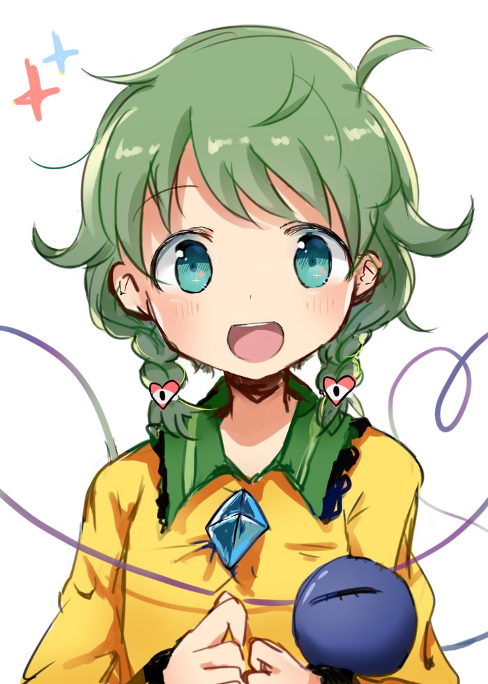 1girl, alternate_hairstyle, blouse, blush, braid, chinako1075, green_eyes, green_hair, komeiji_koishi, long_sleeves, looking_at_viewer, simple_background, sketch, smile, solo, third_eye, touhou, twin_braids, upper_body, white_background